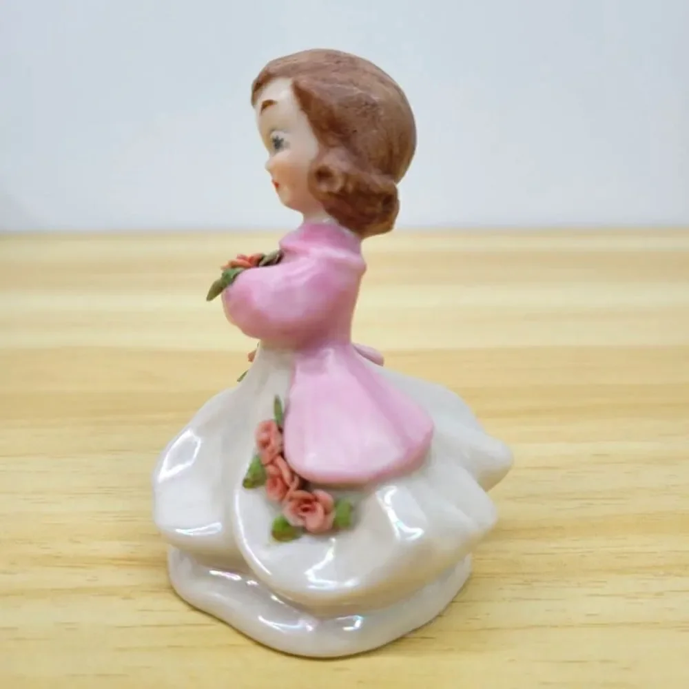Vintage Pink & Lustery Girl with Applied Flowers Ceramic Figurine